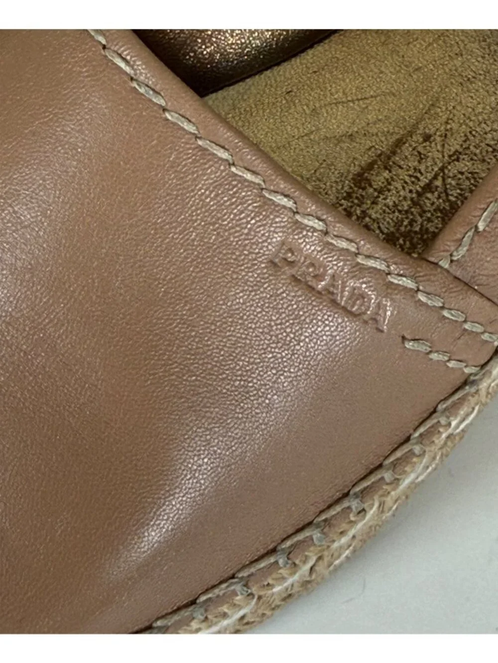 PRADA Women's Napa Leather Peep Toe Platform Espadrilles Naturale Tan - Picture 3 of 13